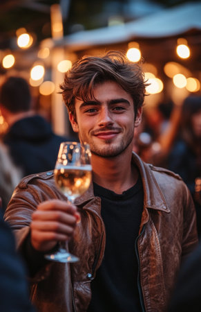 Young man in brown leather jacket toasting happily with friends at outdoor party in daylightの素材