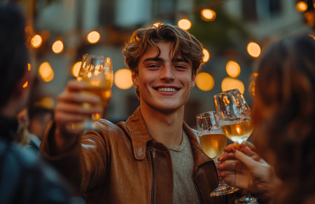 Young man in brown leather jacket toasting happily with friends at outdoor party in daylightの素材
