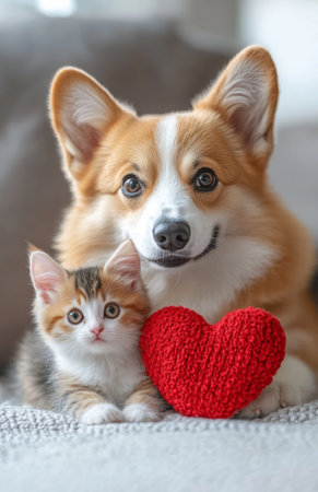 Adorable corgi puppy and cute kitten with heart toy, symbolizing love and friendship, white backgroundの素材