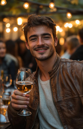 Young man in brown leather jacket toasting happily with friends at outdoor party in daylightの素材