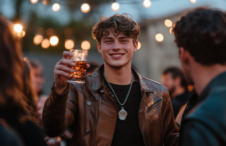 Young man in brown leather jacket toasting happily with friends at outdoor party in daylightの素材
