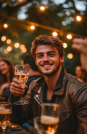 Young man in brown leather jacket toasting happily with friends at outdoor party in daylightの素材