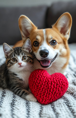 Adorable corgi puppy and cute kitten with heart toy, symbolizing love and friendship, white backgroundの素材