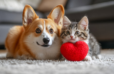 Adorable corgi puppy and cute kitten with heart toy, symbolizing love and friendship, white backgroundの素材