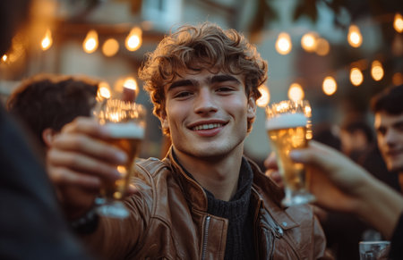 Young man in brown leather jacket toasting happily with friends at outdoor party in daylightの素材