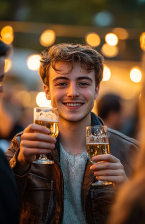 Young man in brown leather jacket toasting happily with friends at outdoor party in daylightの素材