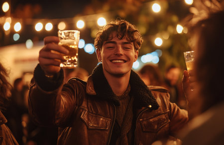Young man in brown leather jacket toasting happily with friends at outdoor party in daylightの素材