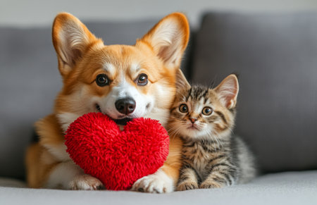 Adorable corgi puppy and cute kitten with heart toy, symbolizing love and friendship, white backgroundの素材