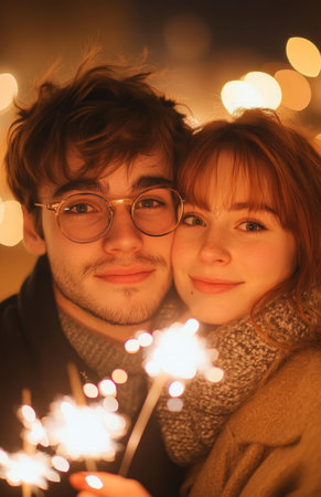 Red haired woman and her partner hold sparklers, sharing a joyful Christmas moment together.の素材