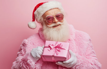 An elderly man dressed as Santa Claus, holding a colorful wrapped gift against a pastel backgroundの素材