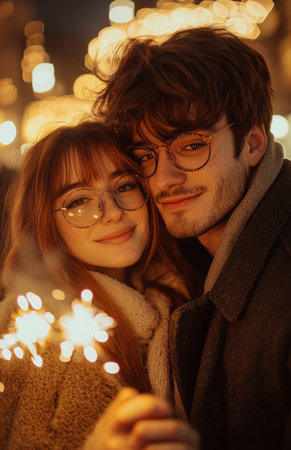 Red haired woman and her partner hold sparklers, sharing a joyful Christmas moment together.の素材