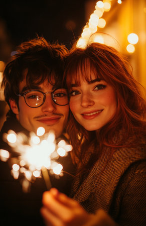 Red haired woman and her partner hold sparklers, sharing a joyful Christmas moment together.の素材