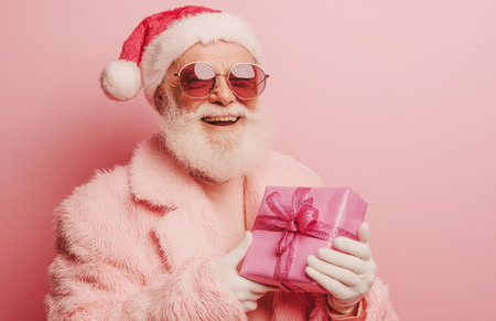An elderly man dressed as Santa Claus, holding a colorful wrapped gift against a pastel backgroundの素材
