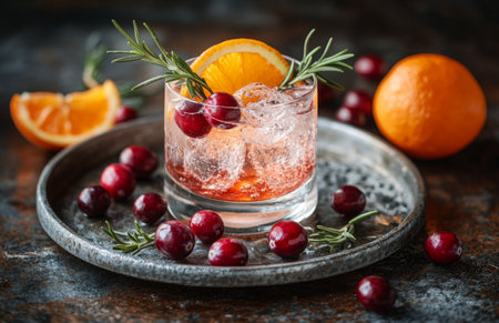 A vibrant cocktail featuring orange and cranberry served on a metal plate against a dark backgroundの素材