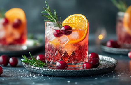 A vibrant cocktail featuring orange and cranberry served on a metal plate against a dark backgroundの素材