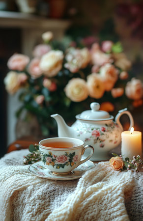A serene scene of tea, flowers, and vintage decor for a cozy evening atmosphereの素材