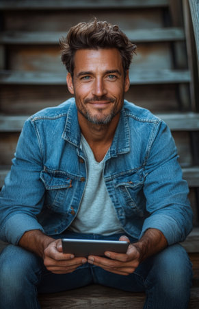 A charming young man enjoys his tablet while sitting on the stairs, smiling brightlyの素材