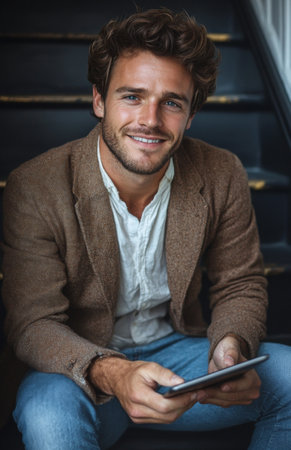 A charming young man enjoys his tablet while sitting on the stairs, smiling brightlyの素材