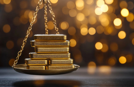 Gold bars symbolize wealth and justice in this striking image of balanced scalesの素材