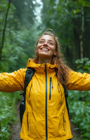 Woman in yellow jacket with open arms, enjoying a nature walk on forest trailの素材