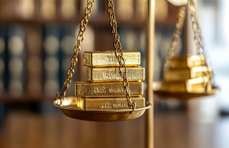 Gold bars symbolize wealth and justice in this striking image of balanced scalesの素材