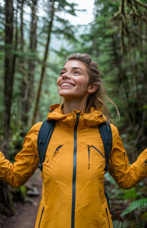 Woman in yellow jacket with open arms, enjoying a nature walk on forest trailの素材
