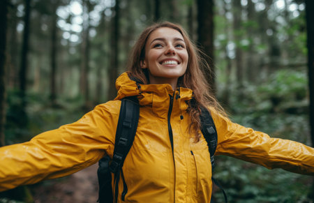 Woman in yellow jacket with open arms, enjoying a nature walk on forest trailの素材