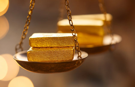 Gold bars symbolize wealth and justice in this striking image of balanced scalesの素材
