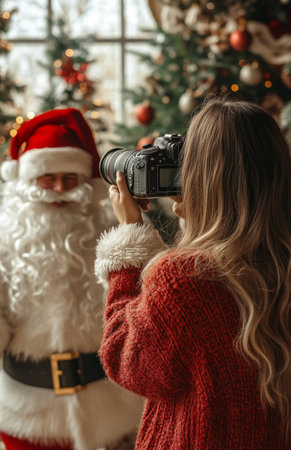 Photographer takes festive pictures of Santa Claus, holding digital camera near decorated Christmas treesの素材