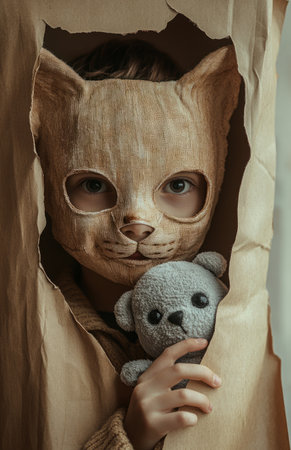 A playful boy with a cat mask holds a gray plush toy while tearing through paperの素材