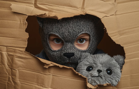 A playful boy with a cat mask holds a gray plush toy while tearing through paperの素材