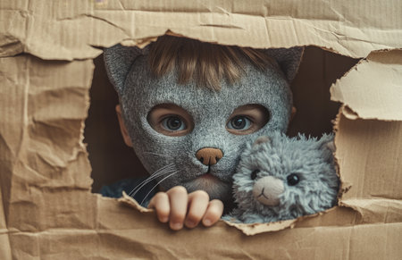 A playful boy with a cat mask holds a gray plush toy while tearing through paperの素材