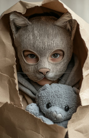 A playful boy with a cat mask holds a gray plush toy while tearing through paperの素材