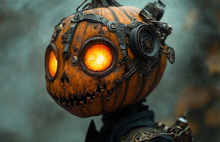 A whimsical steampunk figure with a pumpkin head, blending fantasy and Halloween aestheticsの素材