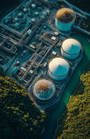 Isolated white oil storage tanks in an industrial area against a green background with copy spaceの素材