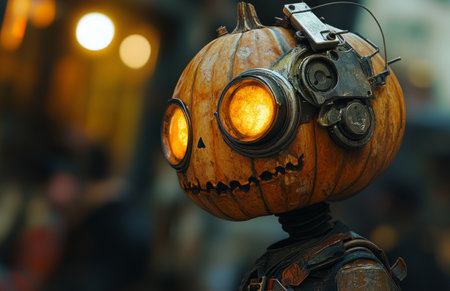A whimsical steampunk figure with a pumpkin head, blending fantasy and Halloween aestheticsの素材