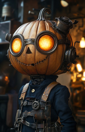 A whimsical steampunk figure with a pumpkin head, blending fantasy and Halloween aestheticsの素材