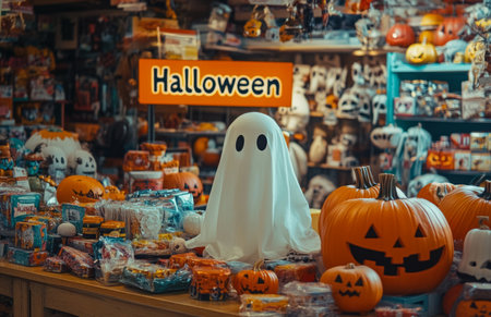 White sheet ghost standing in Halloween store surrounded by pumpkins, spooky decorations, and festive atmosphereの素材
