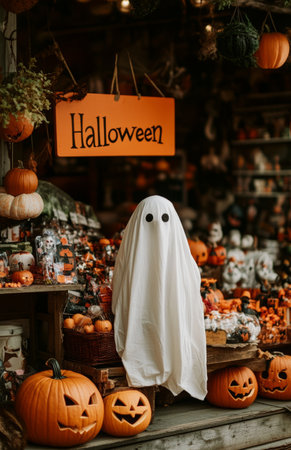 White sheet ghost standing in Halloween store surrounded by pumpkins, spooky decorations, and festive atmosphereの素材