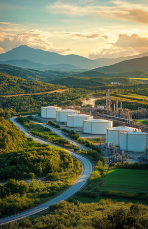 Isolated white oil storage tanks in an industrial area against a green background with copy spaceの素材