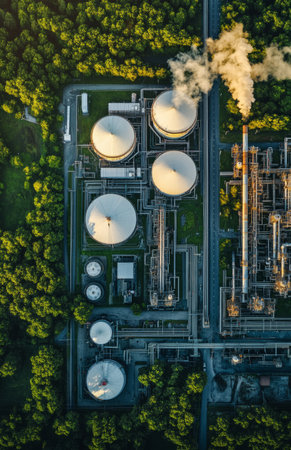 Isolated white oil storage tanks in an industrial area against a green background with copy spaceの素材