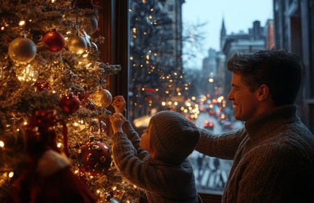 A joyful family decorates a Christmas tree while gazing at the festive city outsideの素材