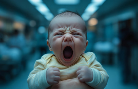 A precious newborn girl yawns and cries while being gently held by her motherの素材