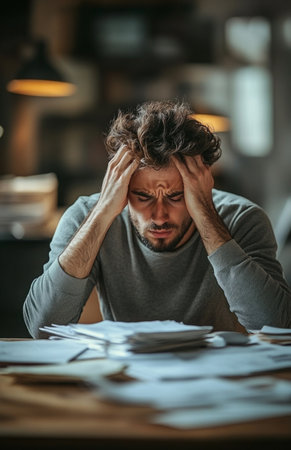 A young businessman shows distress while working on a project with documents piled aroundの素材
