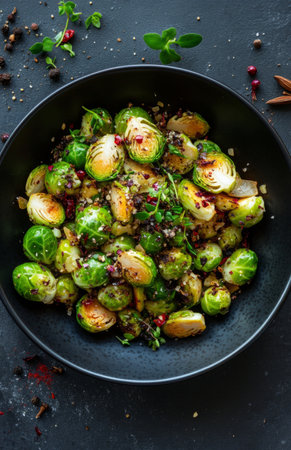 Fresh Brussels sprouts in a black bowl, surrounded by vegetables and spices on gray concrete backgroundの素材
