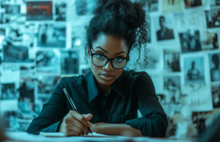 A focused black female detective works diligently, taking notes at her desk with evidence photos displayedの素材
