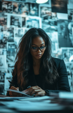 A focused black female detective works diligently, taking notes at her desk with evidence photos displayedの素材
