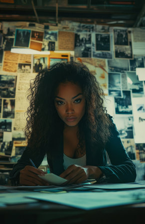 A focused black female detective works diligently, taking notes at her desk with evidence photos displayedの素材