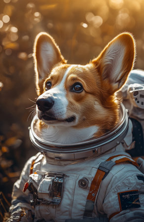 A charming corgi in an astronaut suit floats in deep space, surrounded by stars and planetsの素材