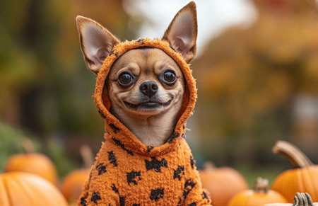 Cute dog dressed for Halloween sits happily among pumpkins in a colorful autumn outdoor settingの素材